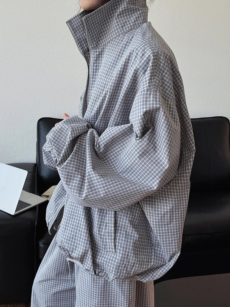 Beige Plaid Pocket Big Size Casual Jacket New Stand Collar Long Sleeve Women Coat Fashion Tide Spring Autumn 2025 1DJ0868