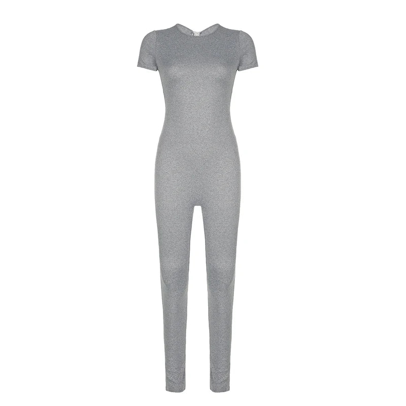 Casual Grey Sportswear Skinny Summer Jumpsuit Women Basic Bodycon Playsuit Streetwear One Pieces Rompers Short Sleeve