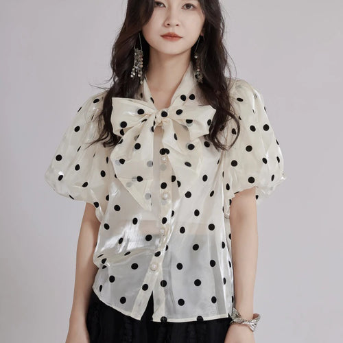 Load image into Gallery viewer, Women Apricot Dot Printed Perspective Blouse New Bow Collar Short Sleeve Shirt Fashion Tide Spring Summer 2025 1DJ1516
