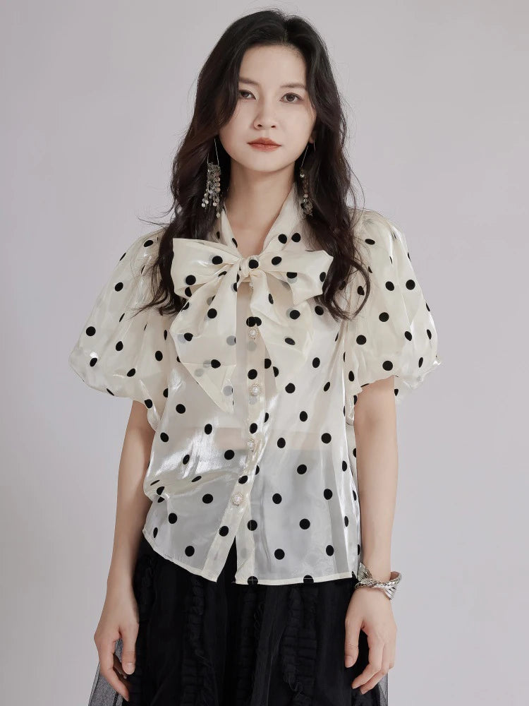 Women Apricot Dot Printed Perspective Blouse New Bow Collar Short Sleeve Shirt Fashion Tide Spring Summer 2025 1DJ1516