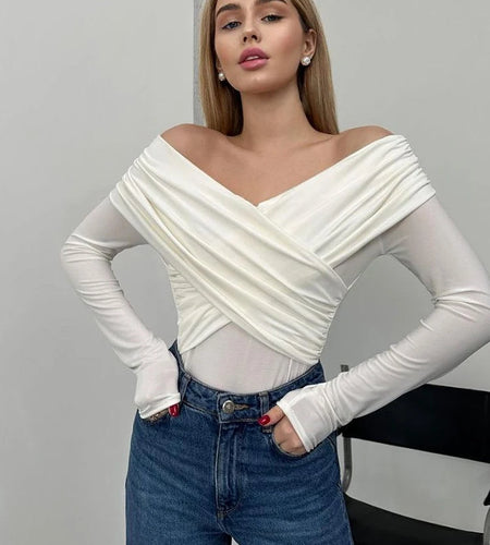 Sexy Mesh Patchwork Long Sleeved Bodysuit Women V-neck Pleated Slim Elastic Jumpsuit Female Fashion Party Club Rompers