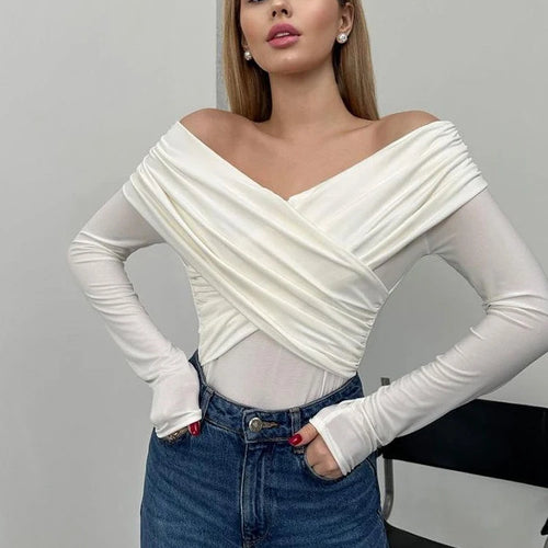 Load image into Gallery viewer, Sexy Mesh Patchwork Long Sleeved Bodysuit Women V-neck Pleated Slim Elastic Jumpsuit Female Fashion Party Club Rompers
