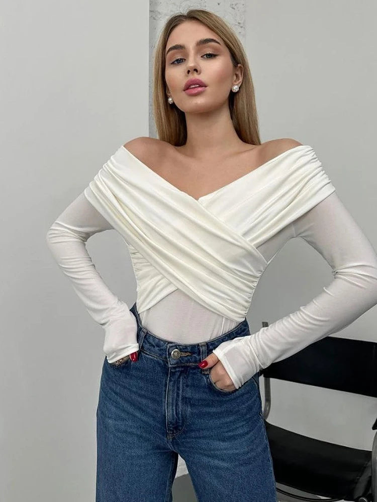 Sexy Mesh Patchwork Long Sleeved Bodysuit Women V-neck Pleated Slim Elastic Jumpsuit Female Fashion Party Club Rompers