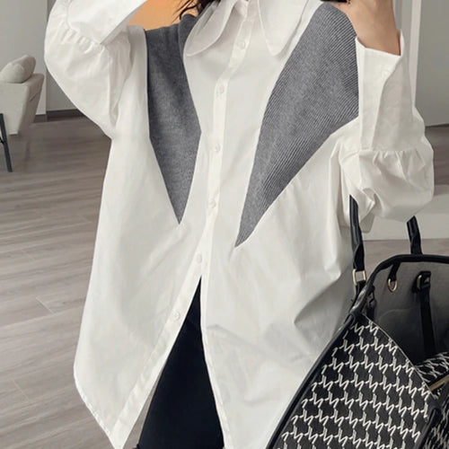 Load image into Gallery viewer, Korean Fashion Straight Shirt For Women Lapel Long Sleeve Patchwork Colorblock Blouses Female Clothing Style
