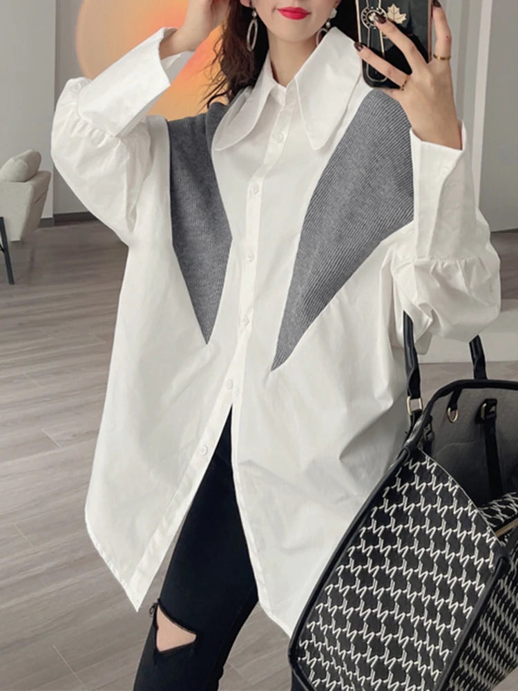 Korean Fashion Straight Shirt For Women Lapel Long Sleeve Patchwork Colorblock Blouses Female Clothing Style