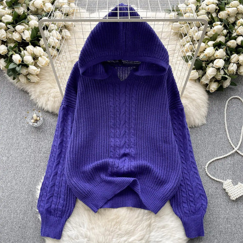 Load image into Gallery viewer, Korean Women Black Twists Hooded Knitted Sweater Fashion Blue Loose Long Sleeve Lady Green Pullovers Tops Casual Autumn Winter
