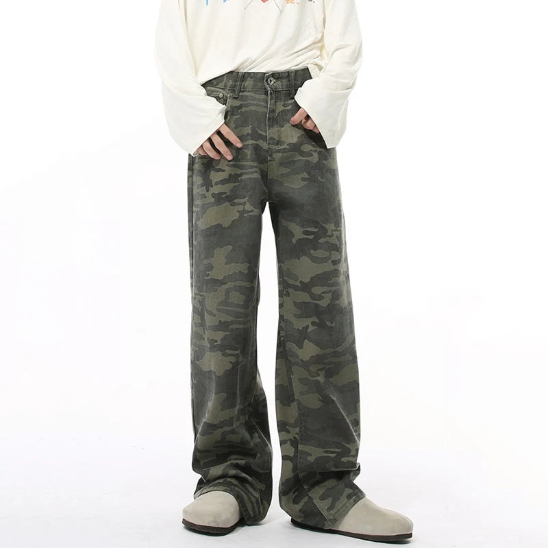 Men's Autumn Straight Camouflage Jeans Trendy Casual Washing Wide Leg Loose Menswear Simple Male Denim Pants Winter 9C8898