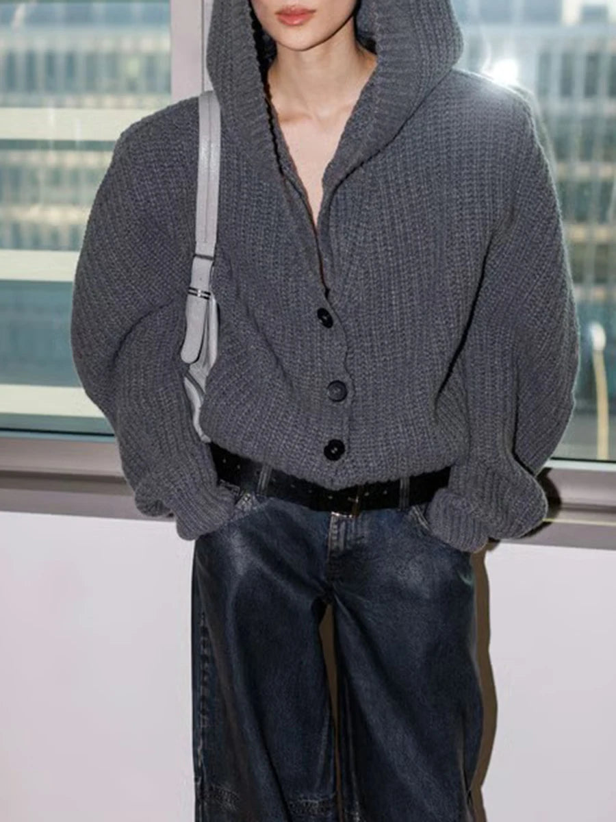 Solid Loose Spliced Hat Casual Cardigan for Women V Neck Long Sleeves Patchwork Single Breasted Cardigan Female New