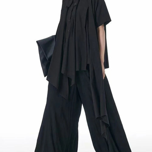 Load image into Gallery viewer, Women Black Pleated Dot Irregular Big Size Blouse New Lapel Short Sleeve Shirt Fashion Tide Spring Summer 2025 1DJ0890
