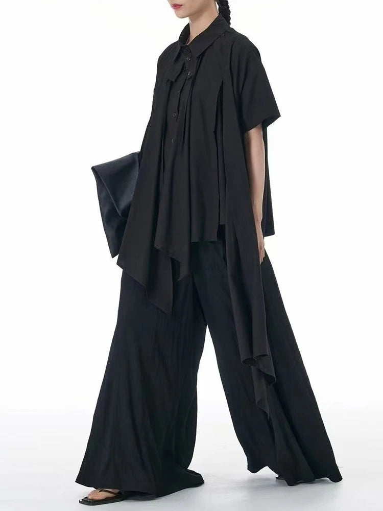 Women Black Pleated Dot Irregular Big Size Blouse New Lapel Short Sleeve Shirt Fashion Tide Spring Summer 2025 1DJ0890