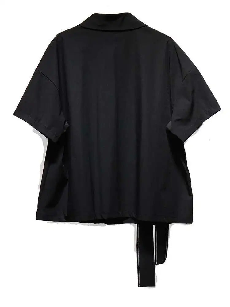 Women Black Topstitched Ribbon Big Size Blouse New Lapel Short Sleeve Shirt Fashion Tide Spring Summer 2025 1DJ0411