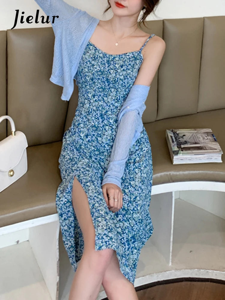 French Style New Two Piece Set Printed Women Dresses Strapless Chiffon Split Dress Solid Color Simple Fashion Streetwear