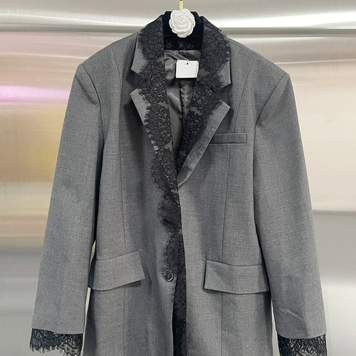 Load image into Gallery viewer, Loose Spliced Lace Fashion Blazers for Women Lapel Long Sleeves Patchwork Pockets Elegant Blazer Female Clothes New
