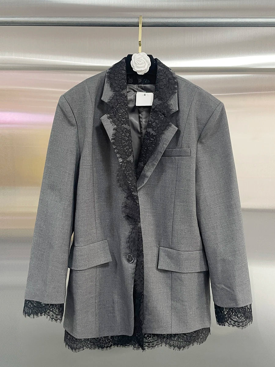 Loose Spliced Lace Fashion Blazers for Women Lapel Long Sleeves Patchwork Pockets Elegant Blazer Female Clothes New