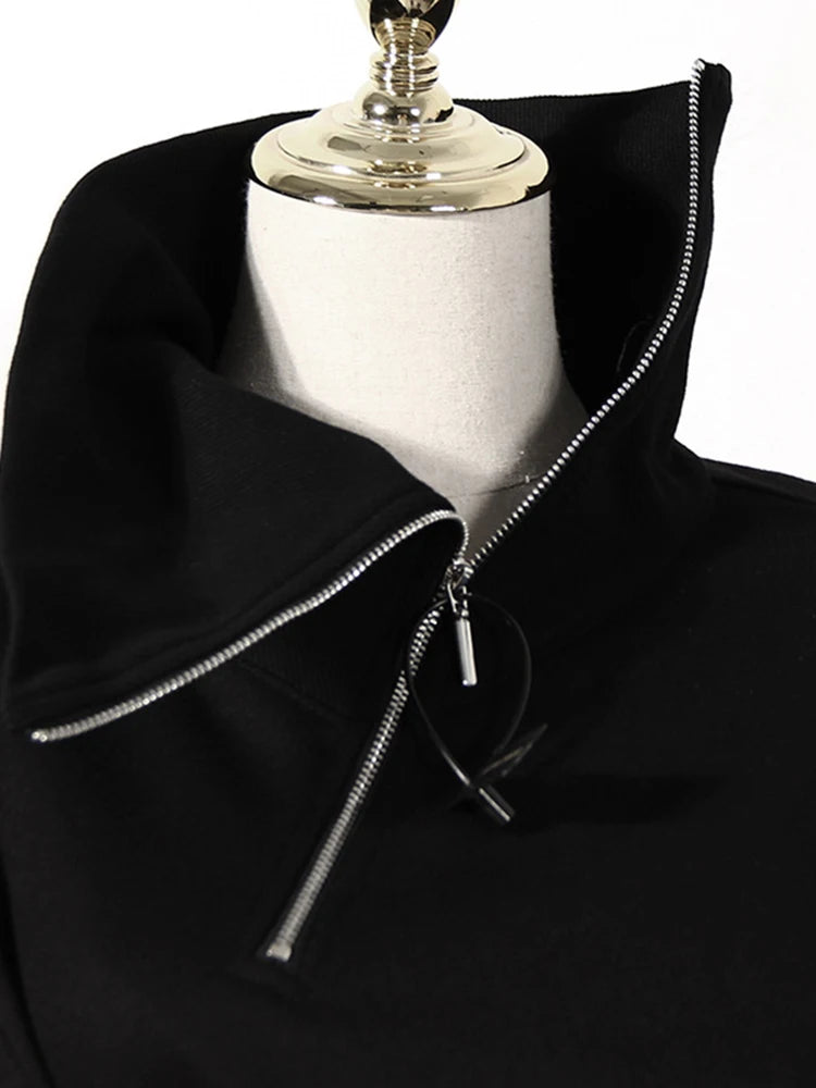Loose Fit Black Zipper Irregular Sweatshirt New Turtleneck Long Sleeve Women Big Size Fashion Spring Autumn 2025 1DE3327