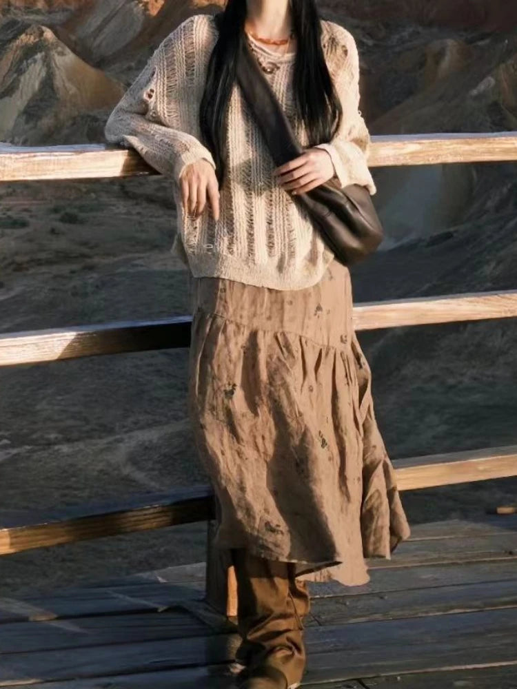 Autumn Streetwear Y2k Aesthetic Grunge Pullovers Vintage Solid Harajuku Grunge Jumpers Loose Knitted Women Hollow Out Sweaters