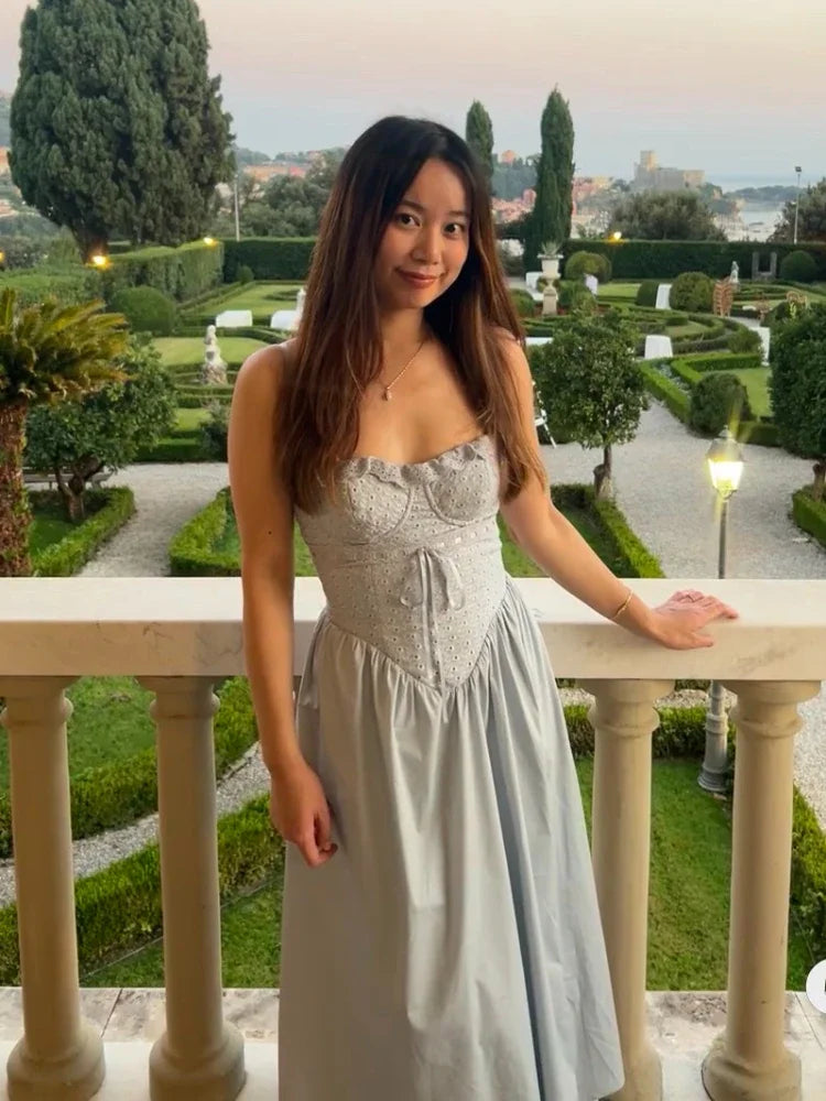 Summer Midi Vacation Dress Blue High Split Sexy Spaghetti Strap Lace Up Dress Elegant Women Party Dress 2023