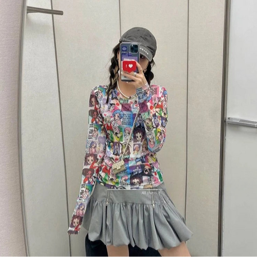 Load image into Gallery viewer, Ropa Mujer Crop T Shirts Women's Clothes Slim Fit Long Sleeve Tees Y2k Tops Japanese Camisetas Cartoon Cute fashion Tshirt
