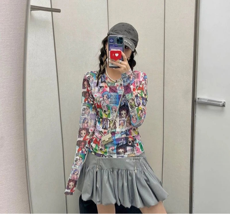 Ropa Mujer Crop T Shirts Women's Clothes Slim Fit Long Sleeve Tees Y2k Tops Japanese Camisetas Cartoon Cute fashion Tshirt