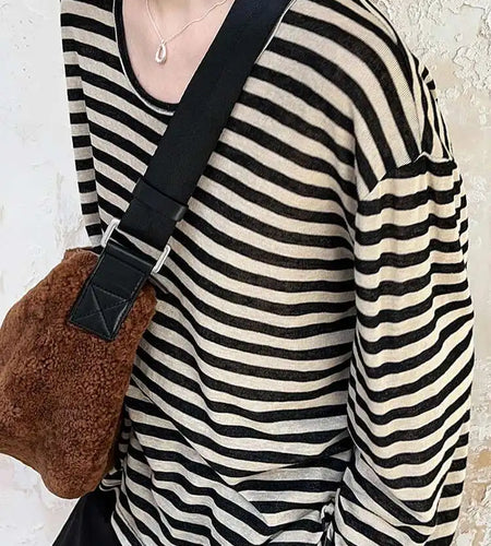 Women Apricot Striped Color-block Big Size Casual T-shirt New Round Neck Long Sleeve Fashion Spring Autumn 2025 1DH6803