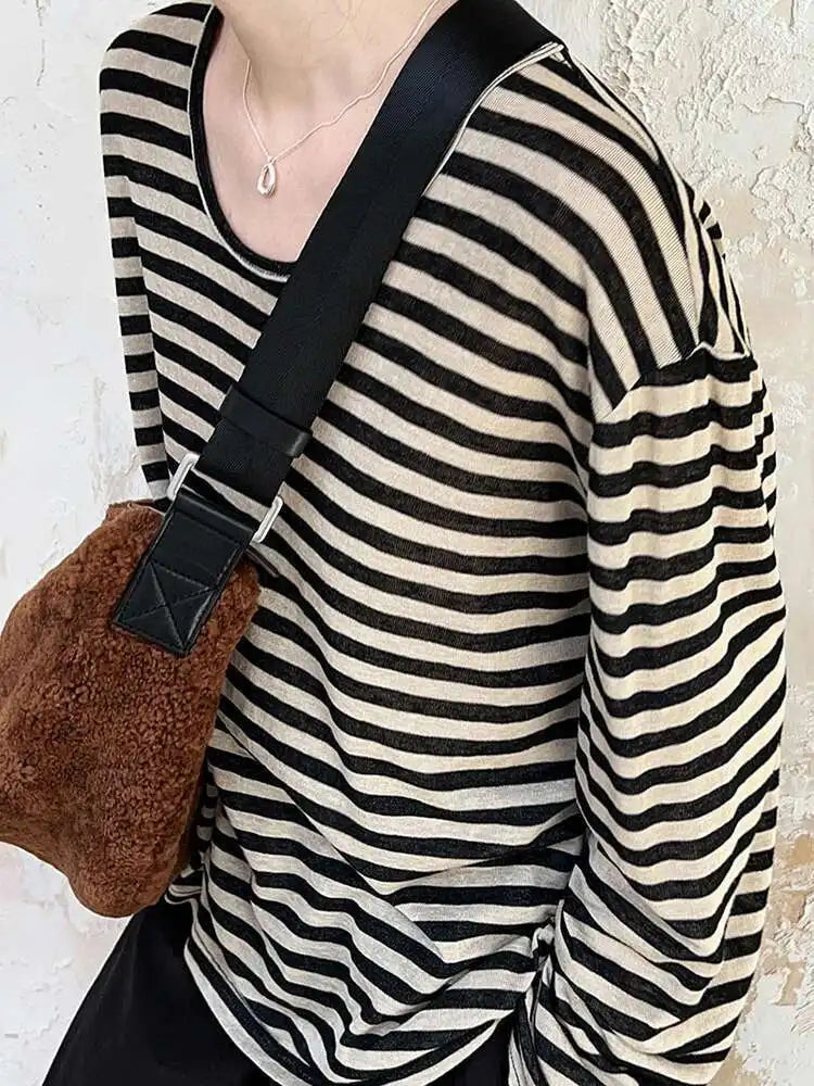 Women Apricot Striped Color-block Big Size Casual T-shirt New Round Neck Long Sleeve Fashion Spring Autumn 2025 1DH6803