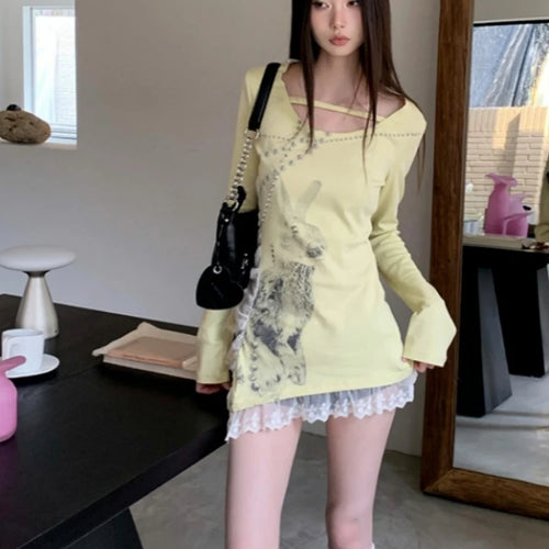 Load image into Gallery viewer, Irregular Lace Patchwork Women Y2k Aesthetic Tops Streetwear Cartoon Printing Slim Fit T-shirt 2025 Harajuku Grunge Fairy Tops

