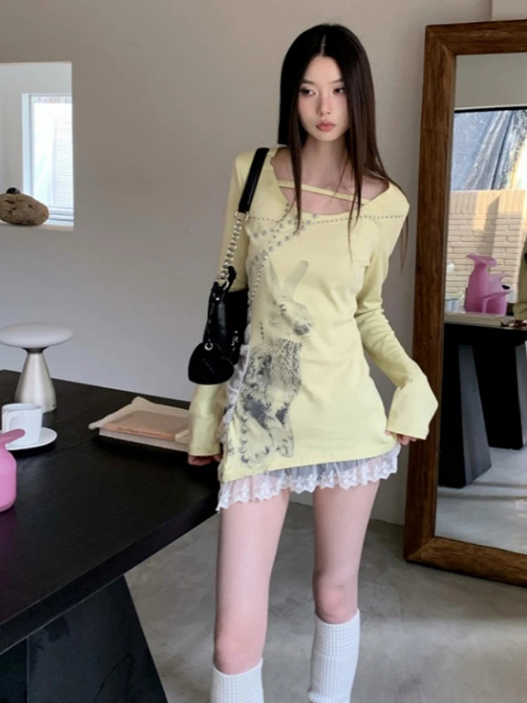 Irregular Lace Patchwork Women Y2k Aesthetic Tops Streetwear Cartoon Printing Slim Fit T-shirt 2025 Harajuku Grunge Fairy Tops