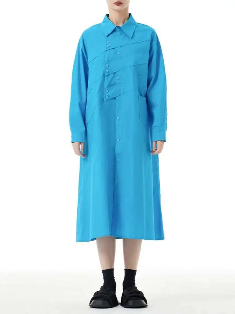 Women Rose Red Button Design Big Size Midi Shirt Dress New Lapel Long Sleeve Fashion Tide Spring Autumn 2025 1DH5165