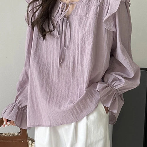 Load image into Gallery viewer, Purple Chiffon Edible Tree Fungus Women&#39;s Blouses Korean Style V-neck Solid Color Flare Sleeve Elegant Summer Chic Blouse
