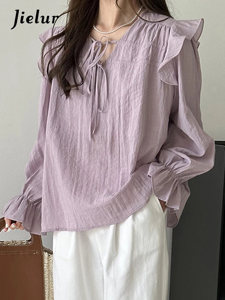 Purple Chiffon Edible Tree Fungus Women's Blouses Korean Style V-neck Solid Color Flare Sleeve Elegant Summer Chic Blouse