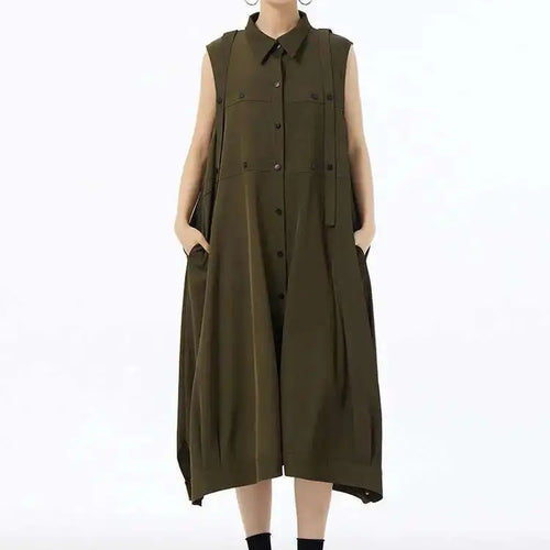 Load image into Gallery viewer, Women Army Green Button Big Size Midi Casual Shirt Dress New Lapel Sleeveless Fashion Tide Spring Summer 2025  1DH6614
