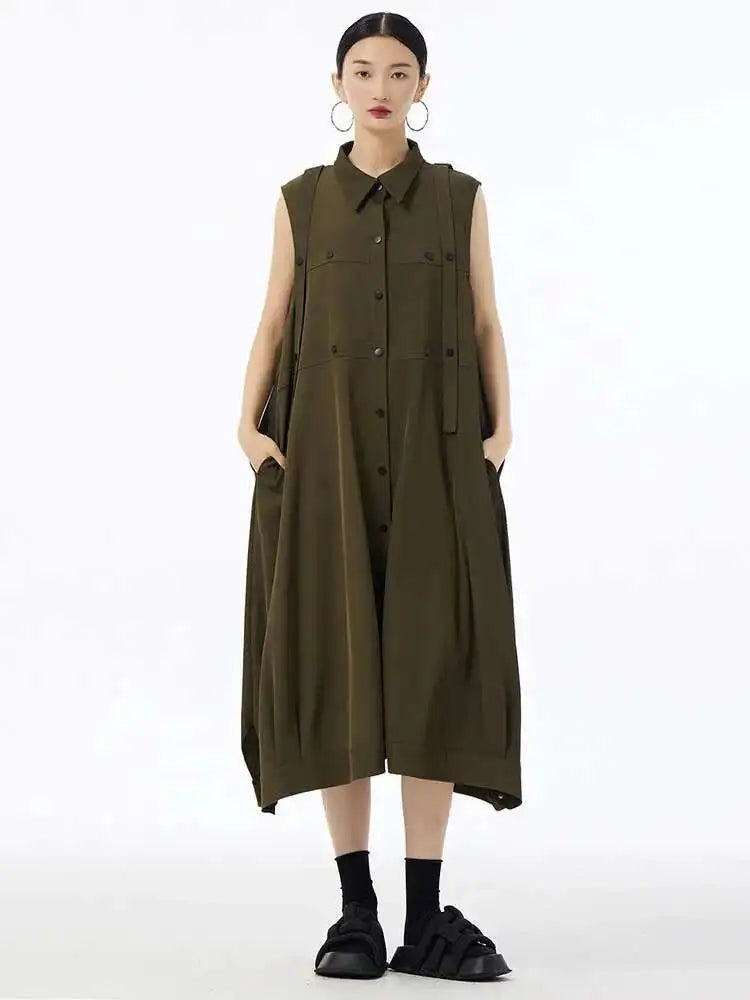 Women Army Green Button Big Size Midi Casual Shirt Dress New Lapel Sleeveless Fashion Tide Spring Summer 2025  1DH6614