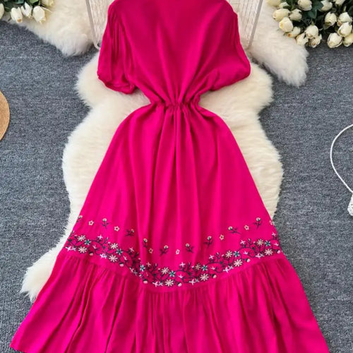 Load image into Gallery viewer, Retro 2024 Summer New Women's Round Neck Embroidered Lace Patchwork Lace Up Long Dresses Fashion Short Sleeves Button Dress Boho
