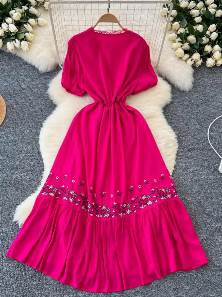 Retro 2024 Summer New Women's Round Neck Embroidered Lace Patchwork Lace Up Long Dresses Fashion Short Sleeves Button Dress Boho