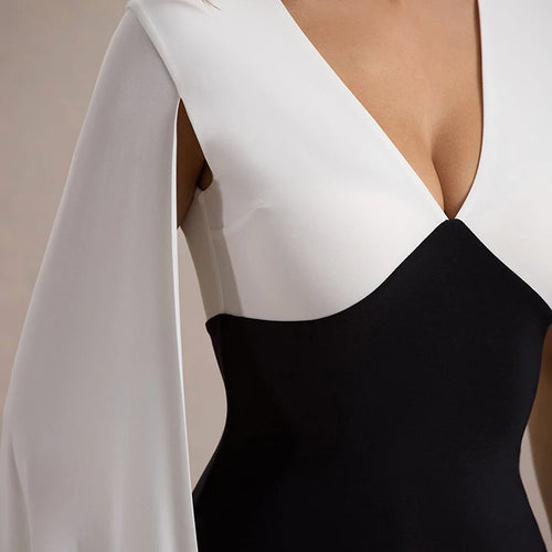 Load image into Gallery viewer, Cape Sleeve V Neck Sexy Maxi Dress For Women White Black Patchwork Backless Bodycon Evening Sexy Long Dress Elegant
