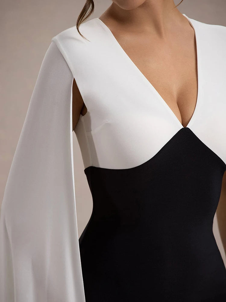Cape Sleeve V Neck Sexy Maxi Dress For Women White Black Patchwork Backless Bodycon Evening Sexy Long Dress Elegant