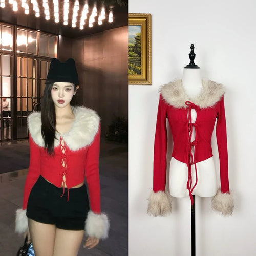 Load image into Gallery viewer, French Fashion Women Blue Long Sleeve Knitted Sweater 2024 New Autumn Winter Ladies Red Hairy Neck Lace-up Cardigan Tops Popular
