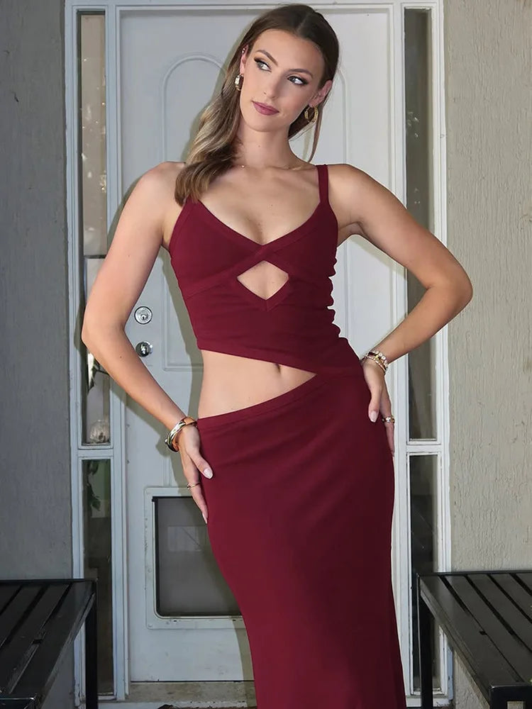 Hollow Out Backless Sexy Maxi Dress Women Gown Spaghetti Strap Sleeveless Irregular Slim Club Long Dress 2025 Summer