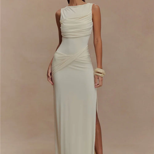 Load image into Gallery viewer, Backless Ruched Sexy Maxi Tank Dress Women Gown Summer New O Neck Thigh High Split Bodycon Elegant Long Dress Fashion
