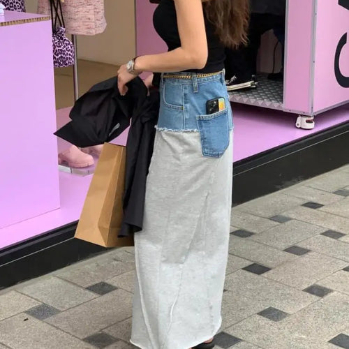 Load image into Gallery viewer, Spring Summer 2023 New Vintage Elegant High Waisted Long Denim Skirt Women Jeans Patchwork Cotton Wrap Buttocks Skirts Fashion
