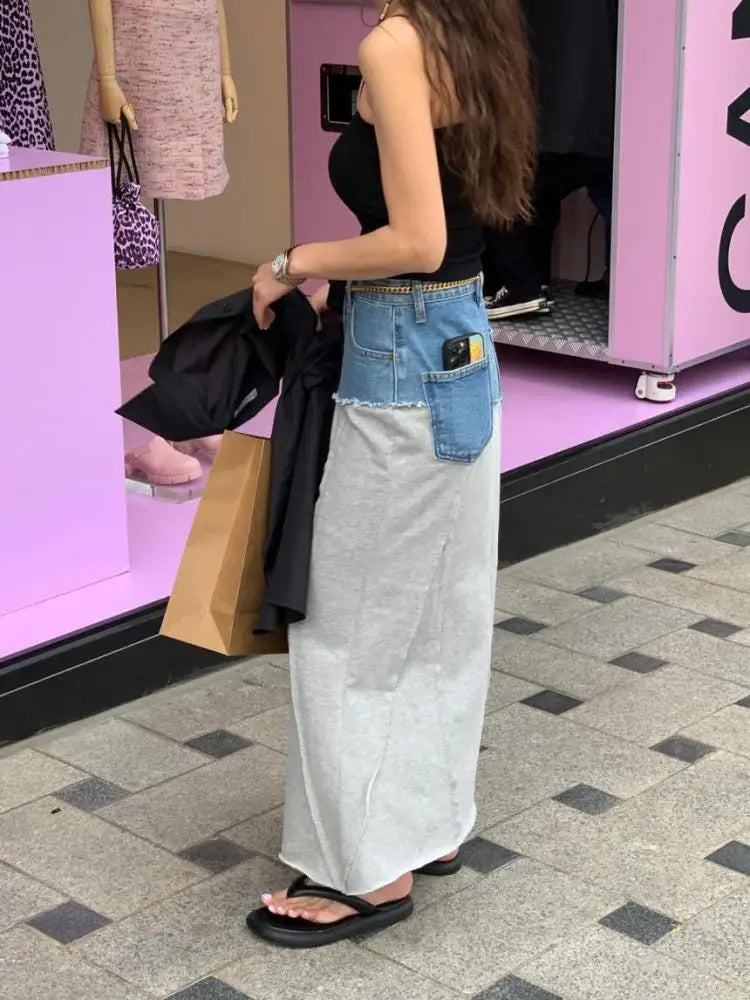 Spring Summer 2023 New Vintage Elegant High Waisted Long Denim Skirt Women Jeans Patchwork Cotton Wrap Buttocks Skirts Fashion