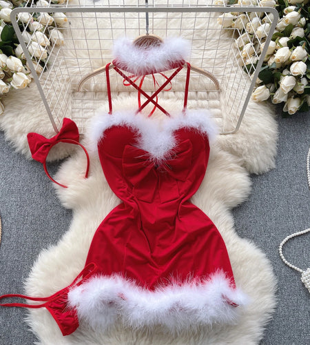 Summer New Women's Sexy Club Temptation New Year Christmas Uniform Bow Decoration Backless Red Flirt Halter Bandage Mini Dresses
