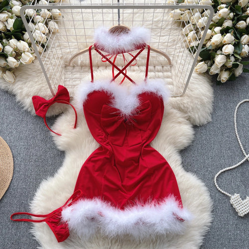 Load image into Gallery viewer, Summer New Women's Sexy Club Temptation New Year Christmas Uniform Bow Decoration Backless Red Flirt Halter Bandage Mini Dresses
