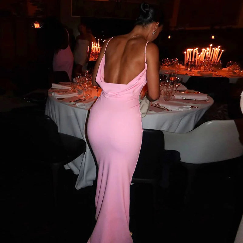 Spaghetti Strap Backless Sexy Maxi Dress Women Gown Summer New Fashion Solid High Waist Evening Beach Club Long Dress