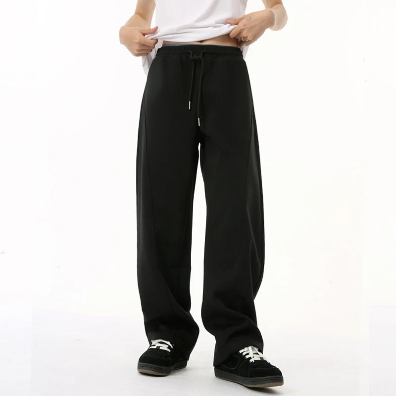 Trend Men's Casual Pants Loose Drawstring Straight Wide Leg Elastic Waist Solid Color Male Trousers Simple 9C6826