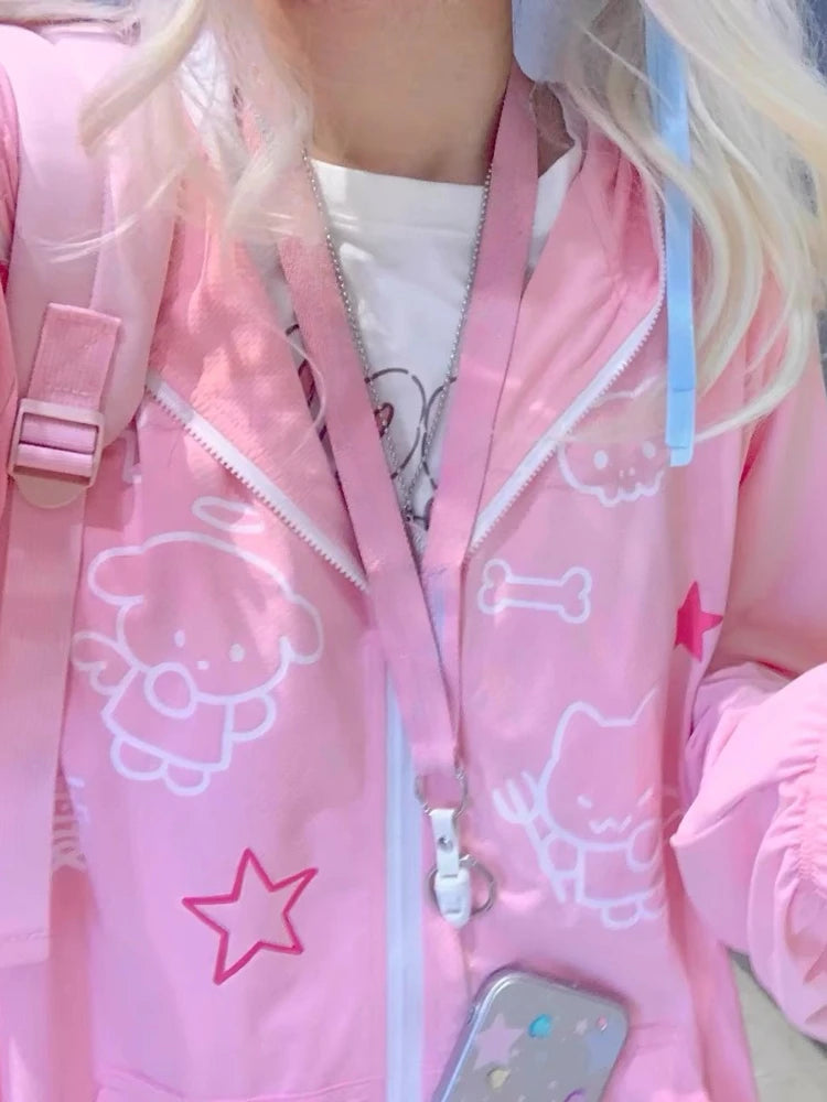 Japanese Kawaii Cute Cat Print Jackets Loose Y2k Casual Sun Protection Women's Tops Fashion Preppy Sweet Hooded Coats All Match