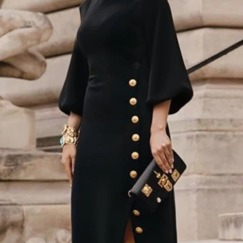 Load image into Gallery viewer, Wedding Prom Evening Gown Party Slit Maxi Dresses for Woman 2025 Lace Up Gold Button Womens Black Autumn Long Dress
