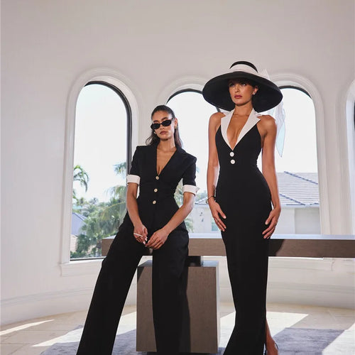 Load image into Gallery viewer, Halter Backless Sexy Maxi Dress For Women Gown Contrast Color Notched Collar Sleeveless Bodycon Club Party Tank Dress
