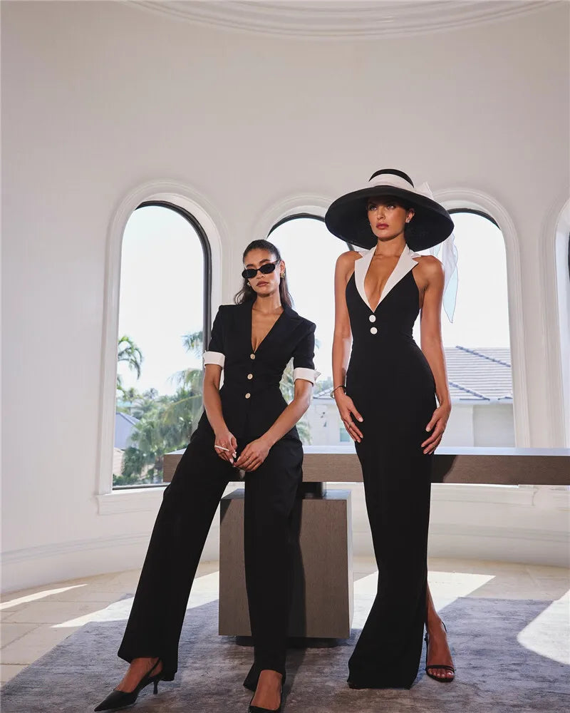 Halter Backless Sexy Maxi Dress For Women Gown Contrast Color Notched Collar Sleeveless Bodycon Club Party Tank Dress