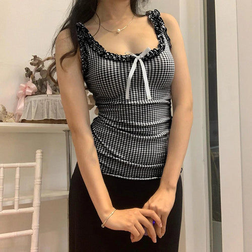 Load image into Gallery viewer, Vintage Y2K Aesthetic Plaid Top Vest Sleeveless Ruffles Bow Cutecore Summer Tank Top Women 2000s Aesthetic Ruched New
